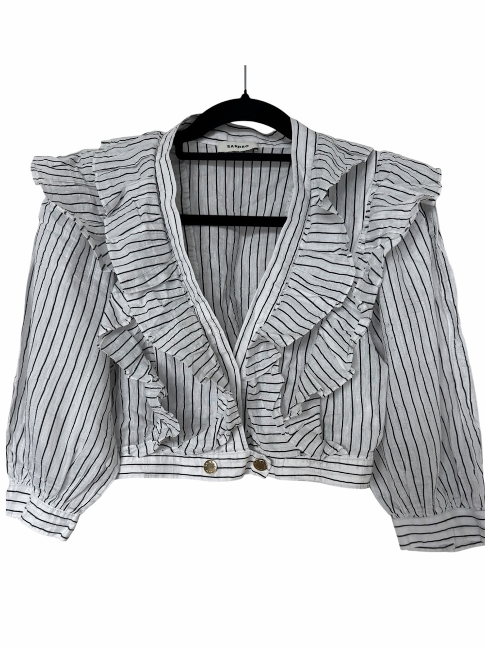 ✅ Sandro Black & White Striped Ruffle V-Neck Cropped Blouse linen blend